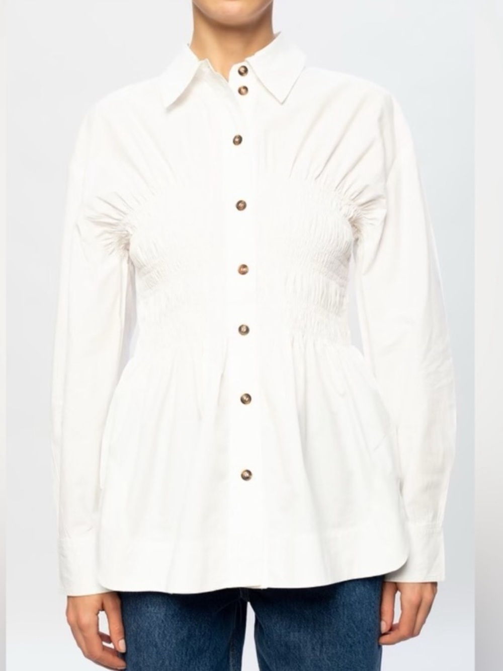 GANNI Shirred Cotton Poplin Blouse in White - Picture 2 of 13